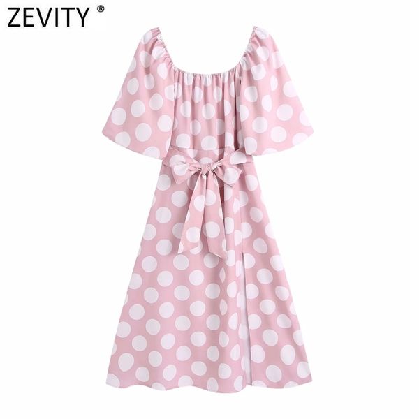 

zevity women elegant lantern sleeve polka dots print bow sashes pink midi dress femme chic sweet split party vestido ds5048 210419, Black;gray