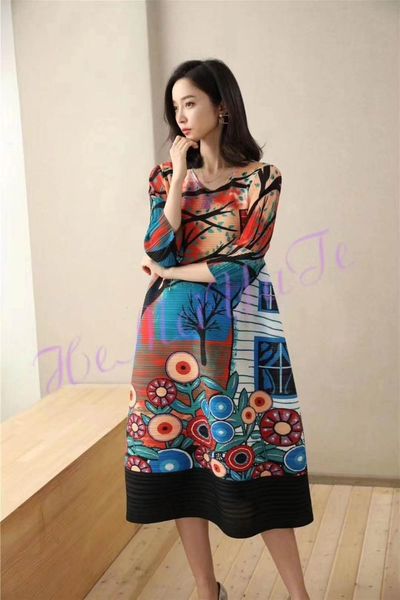 

dress miyake fashion three quarter print o-neck straight, Black;gray