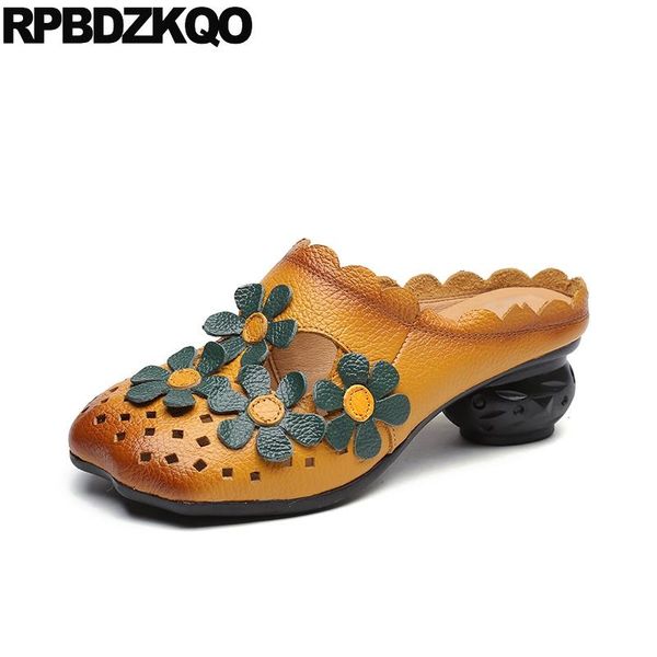 

floral low flower round toe sandals mules slipper retro chunky 2021 high heels pumps red ladies yellow shoes china chinese dress, Black