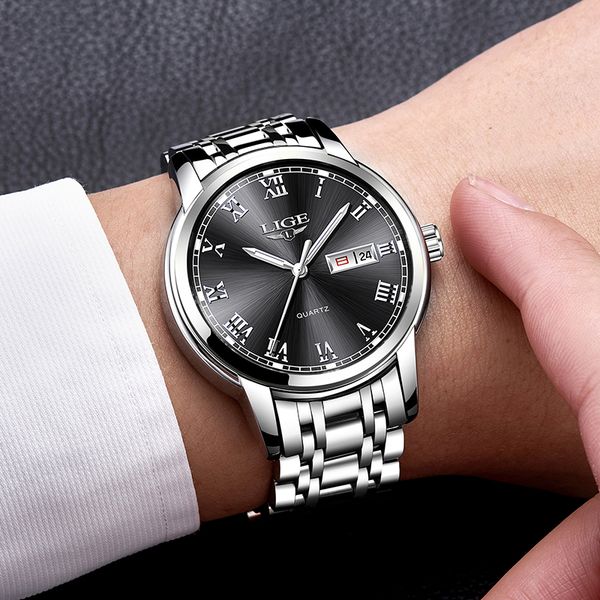 

lige luxury brand men sports watch male casual full steel date wristwatches men&#39s quartz watches relogio masculino, Silver