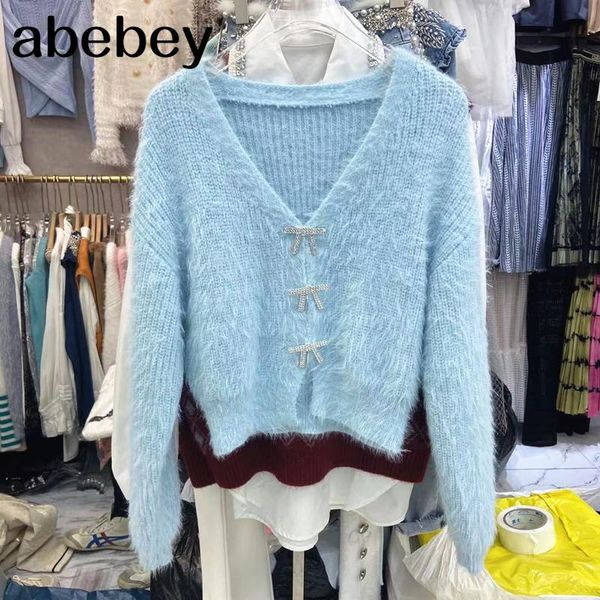 

women's knits & tees cardigans sweater 2021 autumn winter fashion long sleeve loose casual v neck bow knitted cute outwear ladies, White