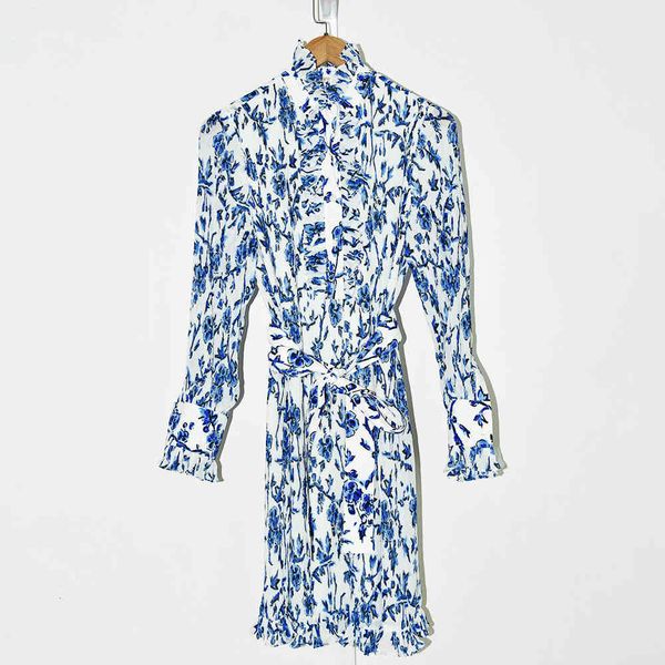 

dress women's ruffles knee-length lace-up floral printed long sleeve single breasted dress, Black;gray