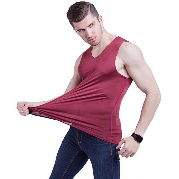 

Summer Men Vest Ice Silk Modal Breathable Chiffon Thin Tank Tops Elastic Slim Sleeveless V Neck Wine White Solid Color Active Brave Strong, Red