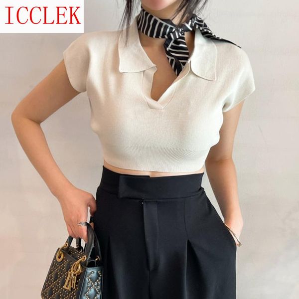 

south korea chic summer simple lapel slim casual short leakage navel t-shirt female women's knits & tees, White