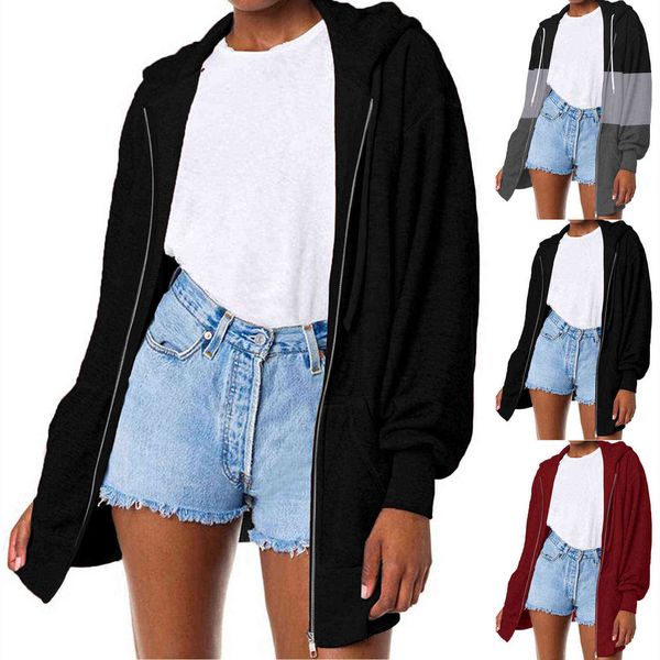 Übergroße Hoodies Frauenjacke Caot Hoodie Harajuku Hooded Streetwear Full Zip Langarm Leichtweiß-Sweatshirt mit Taschen Y1118