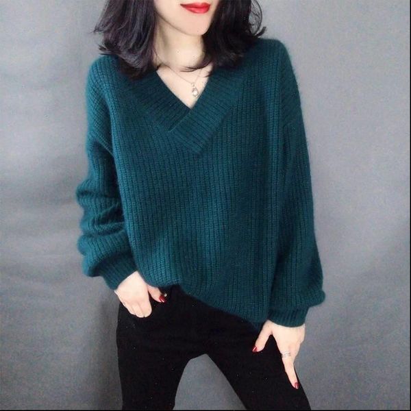 

0.5 womens sweaters oversized thick spring autumn knitted women sweater v neck mohair lantern sleeve solid color pullovers plus size, White;black