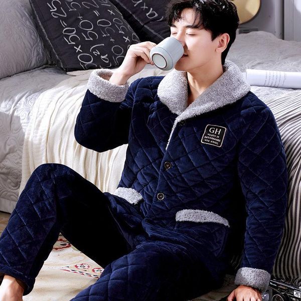 

men's sleepwear flannel pajamas set men winter 2pcs shirt&pants pijamas suit casual home clothes print trousers with pocket, Black;brown