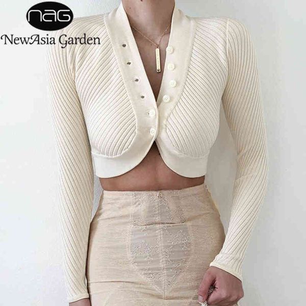 

newasia green knitted cardigan v neck button bodycon cropped sweater long sleeve women autumn fashion street wear new 210413, White;black