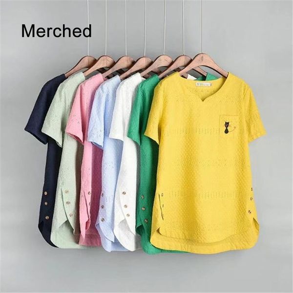 

women's blouses & shirts merched casual loose hollow out patchwork women 4xl short sleeve split shirt kawaii embroidery plus size blous, White