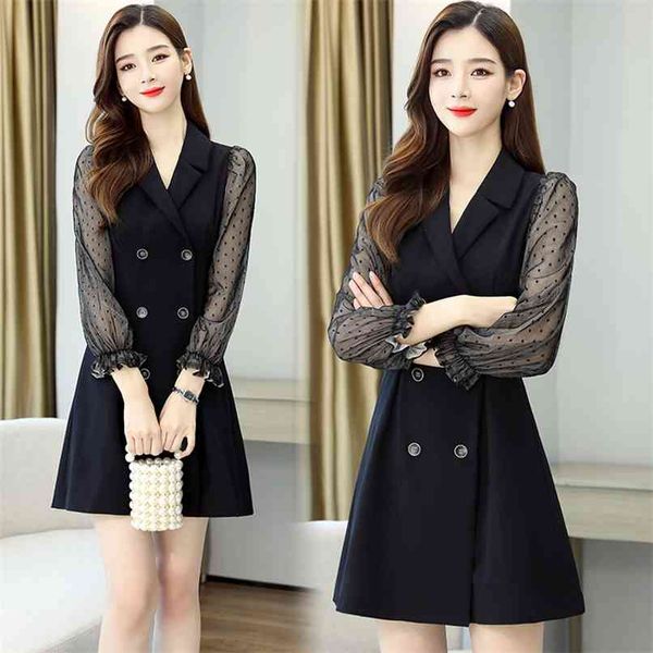 

spring autumn black vintage mesh mini dress korean plus size office lady elegant women party casual vestidos 210528, Black;gray