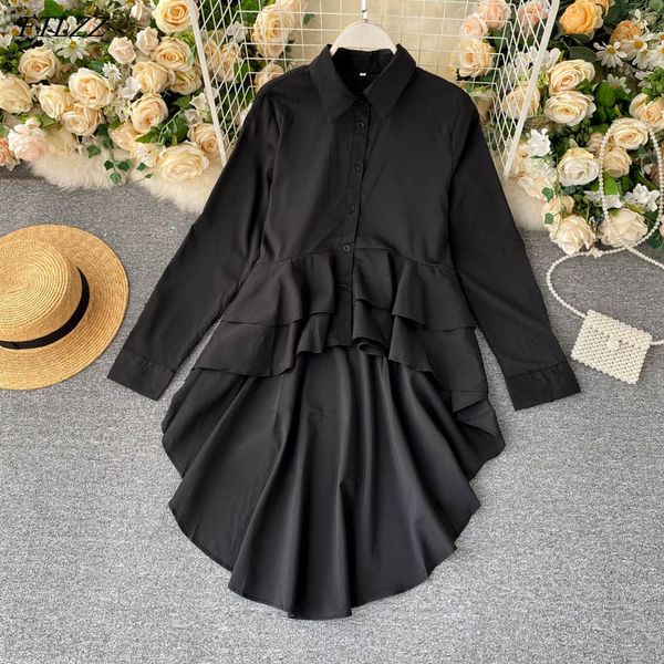 

autumn office lady notched collar button shirt elegant ruffled solid asymmetric 210423, White