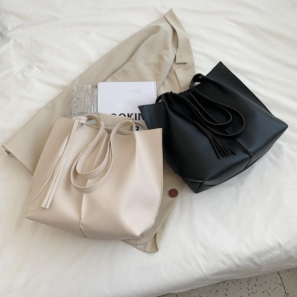 

evening bags fashion women shoulder shopping bag pu leather solid color handle ladies casual tassel large capacity tote handbags