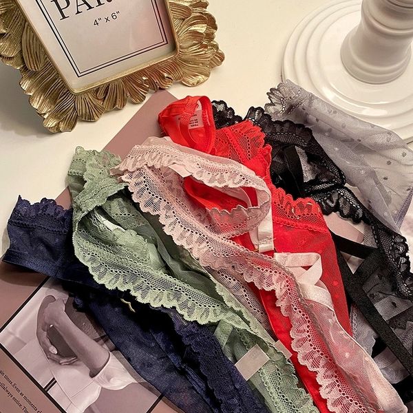 

ml1 solid color women's thong girls edge perspective transparent temptation low waist lacet-shirt lace mesh t-pants women's underw, Red;black