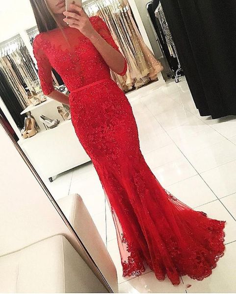 

party dresses red beaded lace appliques mermaid long prom 2021 half sleeves boat neck open back sparkly elegant evening gown, White;black