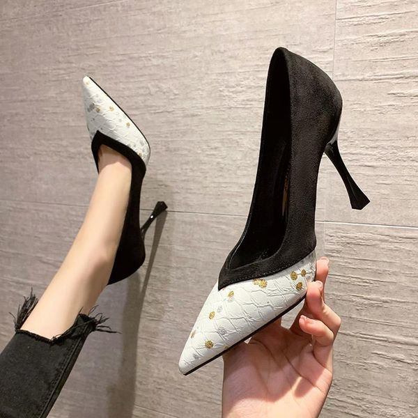 

dress shoes rhinestone floral pointed toe high heels women stiletto color matching wild 2021women's french net red women's, Black