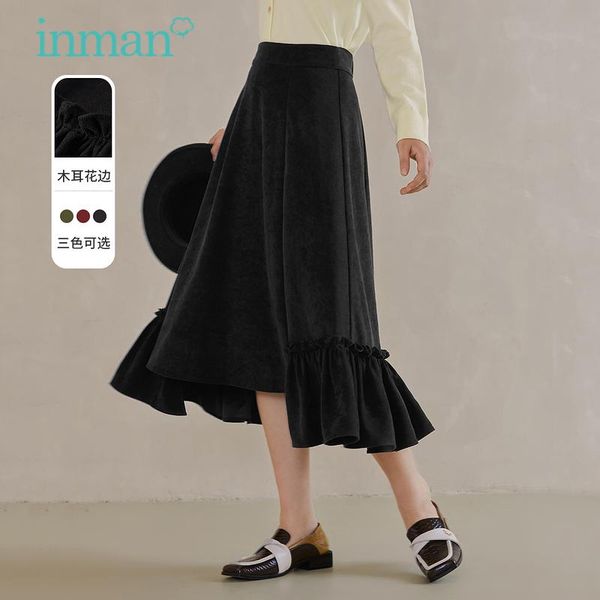 

skirts inman autumn winter women's skirt elegant lady style ruffle stitching design a-line retro literary pure color bottoms, Black