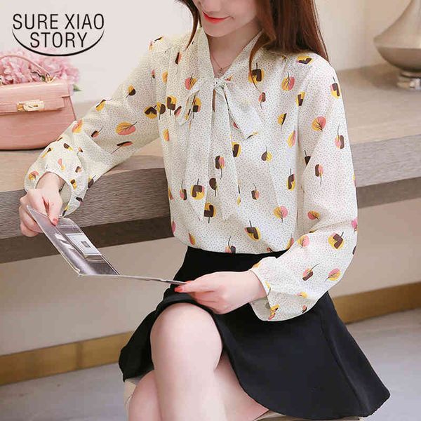 

retro floral shirt spring women long bow printed dot loose blouses lantern sleeve blusas mujer de moda 7953 50 210417, White