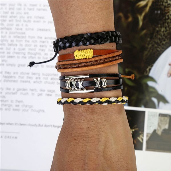 

bracelet fashion simple set four piece leather men's woven punk, Golden;silver