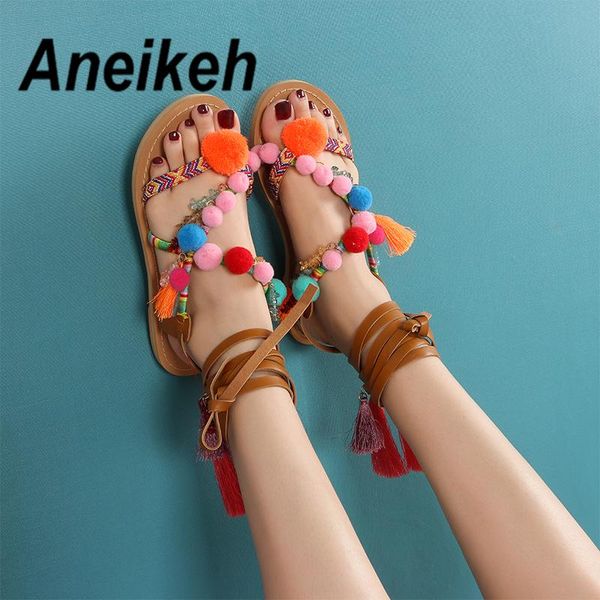 

aneikeh 2021 summer fashion sandalias pompones suede pom gladiator sandals women lace up knee high flat sandal shoe, Black