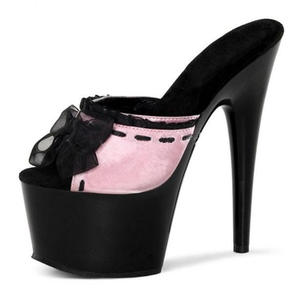 

slippers lady fashion  inch high heel shoes bowtie party mesh lace heels 17cm platforms for women wedding dress, Black