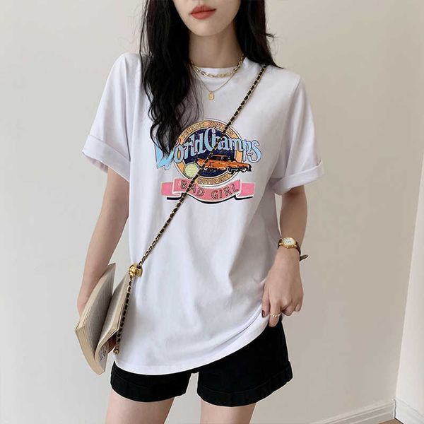 

mozuleva casual o-neck letter print women t-shirt summer short sleeve loose female basic shirt ladies tees 100% cotton 210706, White