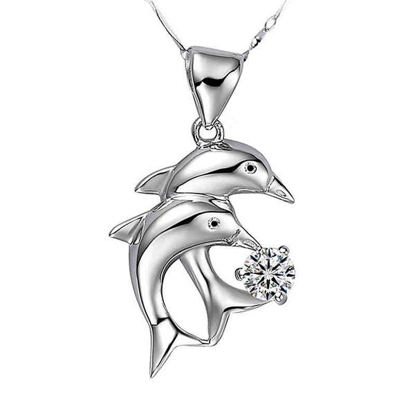 

romantic dolphin crystal pendant for women jewelry trendy silver 925 necklace female clavicle chain accessories lady