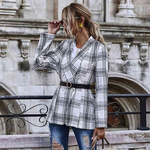 

double breasted blazer jacket women plaid vintage england style business office ladies jackets autumn winter streetstyle 210427, Black;brown