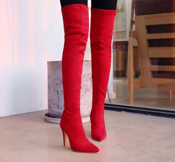 

boots faux suede stretch thigh high elastic slim over the knee women's vogue heels black red fetish long shoes