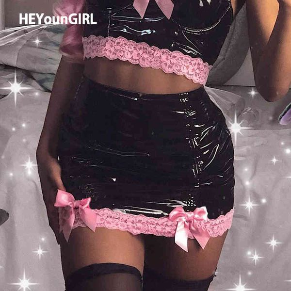 Heyoungirl Rosa Spitze Sexy Hohe Taille Mini Bleistift Rock Harajuku Goth Faux Leder PU Kurzröcke Womens Kawaii Streetwear X0428