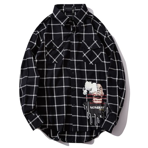 

men's casual shirts aolamegs men hip hop letter printed vintage full sleeve harajuku plaid fashion couple streetwear autumn agog, White;black