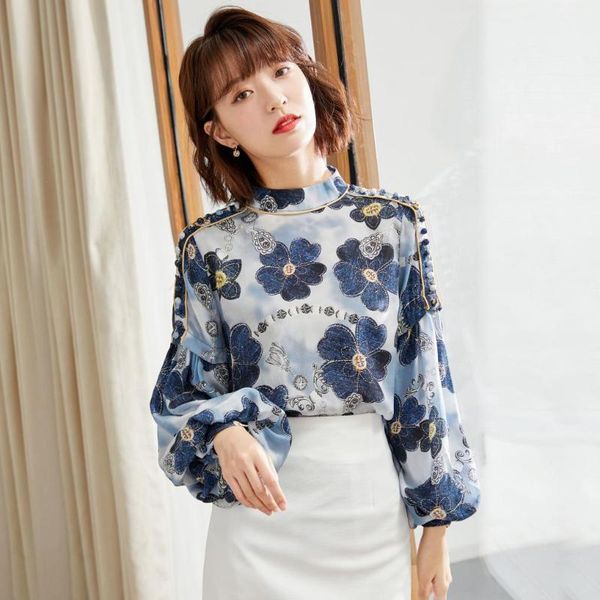 

fashion blouse spring 2021 women's office floral female lantern sleeve chiffon shirt women blouses & shirts, White