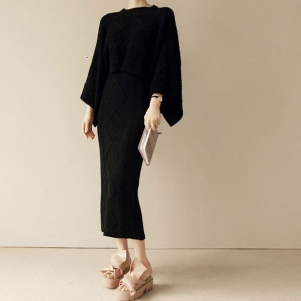 

two piece dress autumn winter women knitted 2 set batwing sleeve loose +slim bodycon skirt female sweater suits o, White