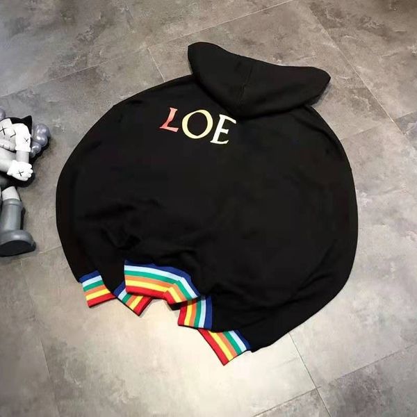 

high version tide loe autumn new solid color zipper hooded drawstring back letter printed long sleeve sweater, Black