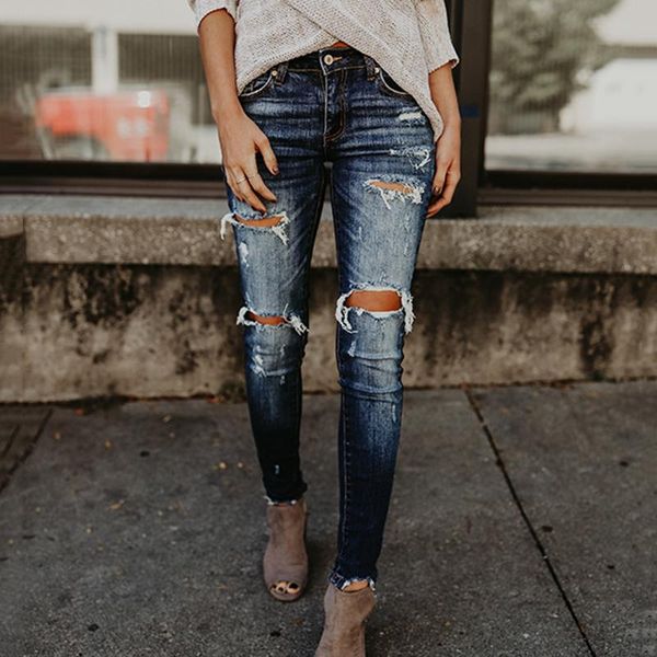 

women's jeans ladies denim trousers pencil tight tassel ripped stretch blue