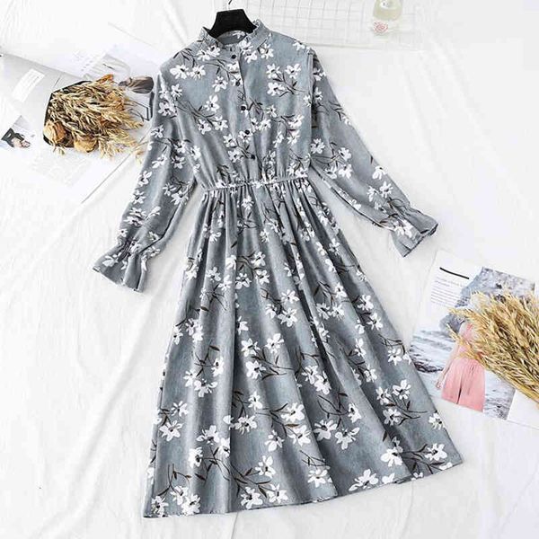 

dresses autumn winter corduroy women stand collar floral print vestidos vintage a-line high elastic waist midi es, Black;gray