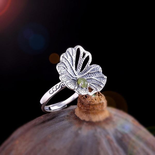 Cluster-Ringe Echter massiver Ring für Frauen 925 Engagement Lotus mit natürlicher Jade Schöner feiner Schmuck Bijoux Femme