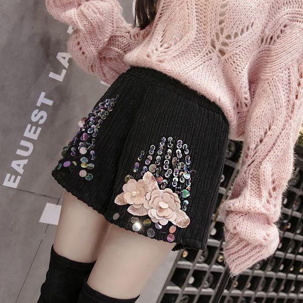

women's shorts fashion corduroy women korean style 2021 autumn winter high waist beading sequin short pants boots femme plus size, White;black