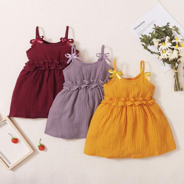 

summer infant sweet sleeveless dress baby girls solid color u-shaped neck spaghetti strap ruffle on-piece with bow-knot girl's dresses, Red;yellow