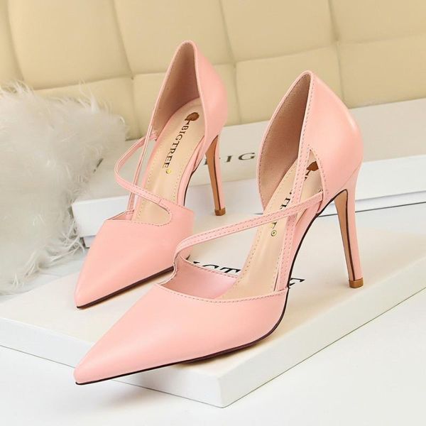 

sandals fashion women show air 9.5cm thin high heel shallow tip head hollow sweet womens shoes cross strap empty single, Black