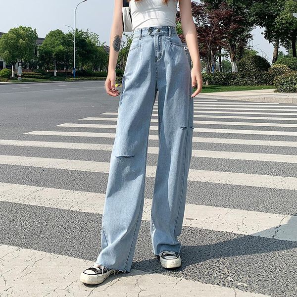 

women's long straight ripped jeans wide leg full-length denim pants trendy female fashionable trousers for women high waist, Blue
