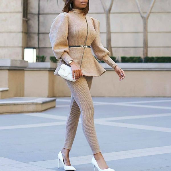 

women khaki 2 pieces set long lantern sleeve pullover waist belt slim pants elastic high collar autumn fashion suits female 210416, White