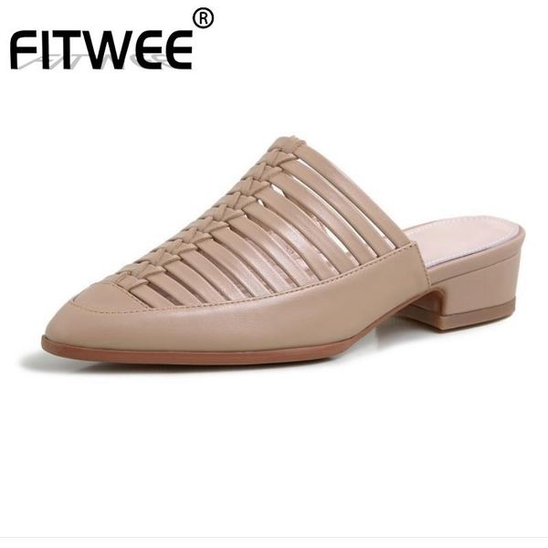 

dress shoes fitwee women sandals fashion square low heels slippers fancy genuine leather strap toe footwear size 33-43, Black