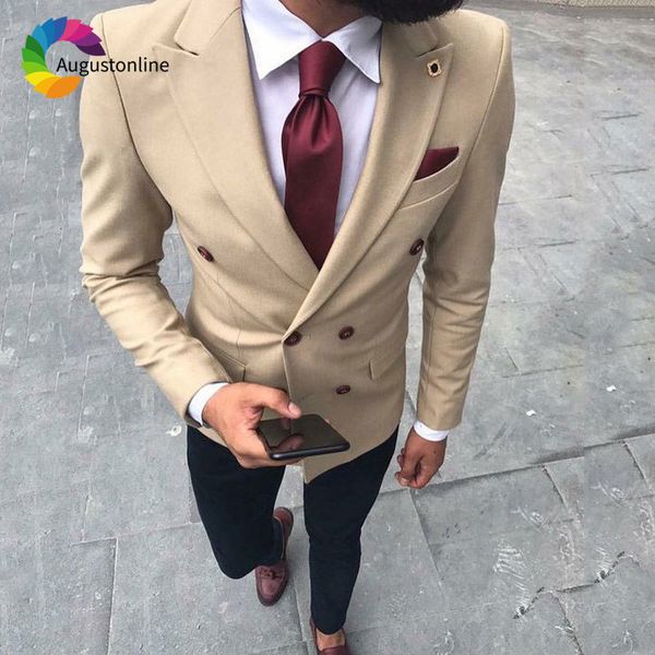 

men's suits & blazers khaki men wedding elegant slim fit groom tuxedo costme homme blazer jacket pants peaked lapel double breaste, White;black