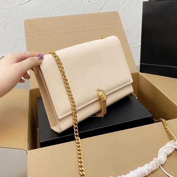 

tassel bag chain package crossbody purse fashion plain smooth surface cowhide genuine leather hasp gold hardware decoration women handbag, Black;red