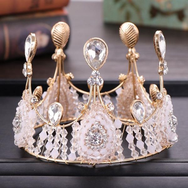 

hair clips & barrettes princess pink gold tiara vintage royal full round crown alloy rhinestone beaded tiaras bridesmaid king headband for w, Golden;silver