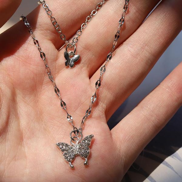 

chokers fashion temperament flash crystal butterfly double necklace for women simple design elegant wedding gifts jewelry, Golden;silver