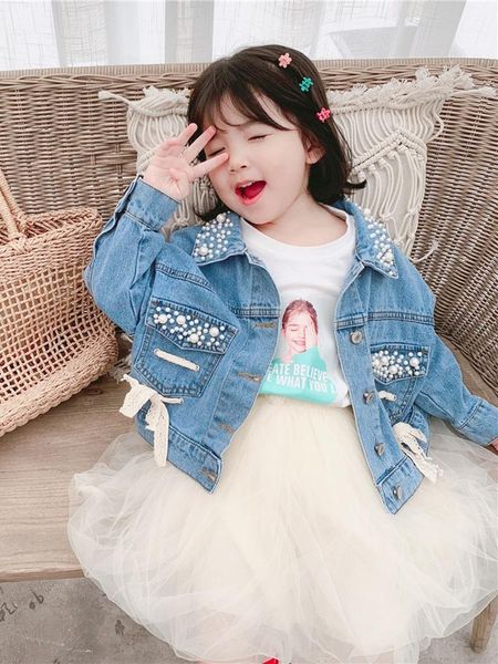 

jackets 2-6years old baby girls pearls beading denim jacket fashion kids long sleeve jean coats spring autumn children clothes outerwear, Blue;gray
