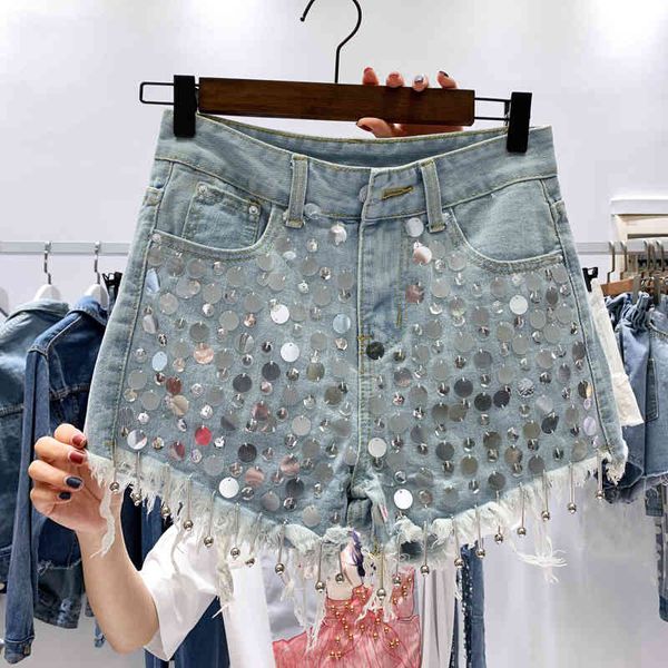 

fashion summer korean style women sequined tassel denim shorts student luxury trousers a907 210428, White;black