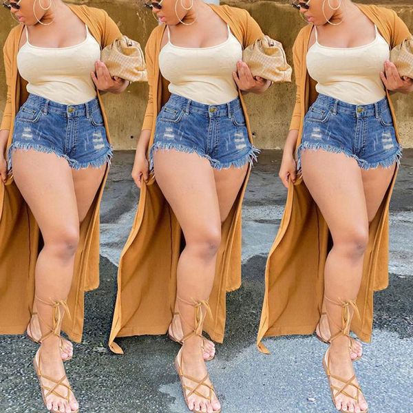 

women's jeans casual denim shorts frayed tassel ripped multicolor pants high-rise slim-fit, Blue