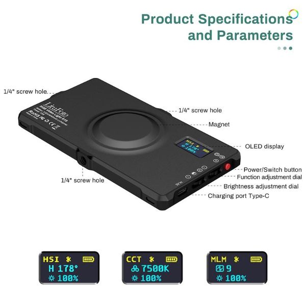 

flash heads litufoto r19 rgb wireless smart app control mini vlog fill lights 4040mah battery camera light lamp 3200k-7500k led video